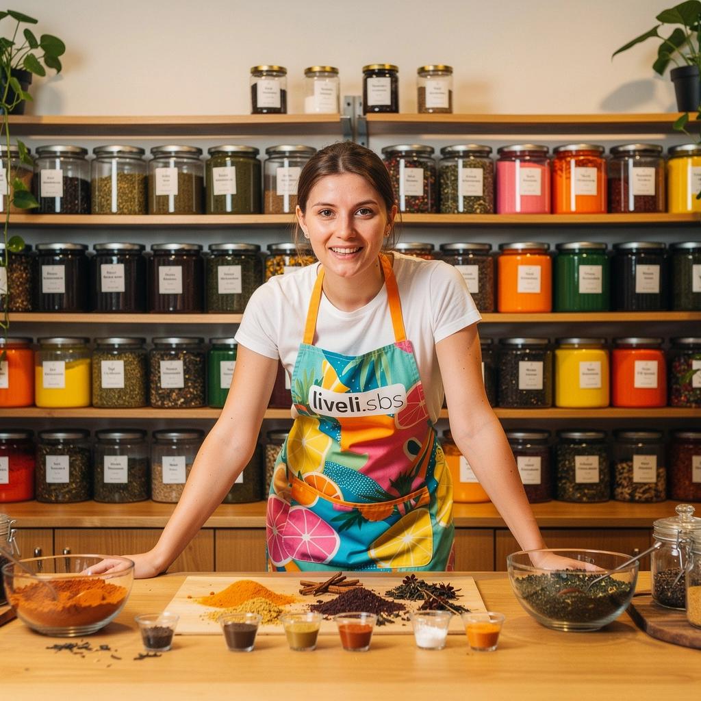 Citrusos koriander tea, háttérben gyümölcsök és szárított fűszerek.