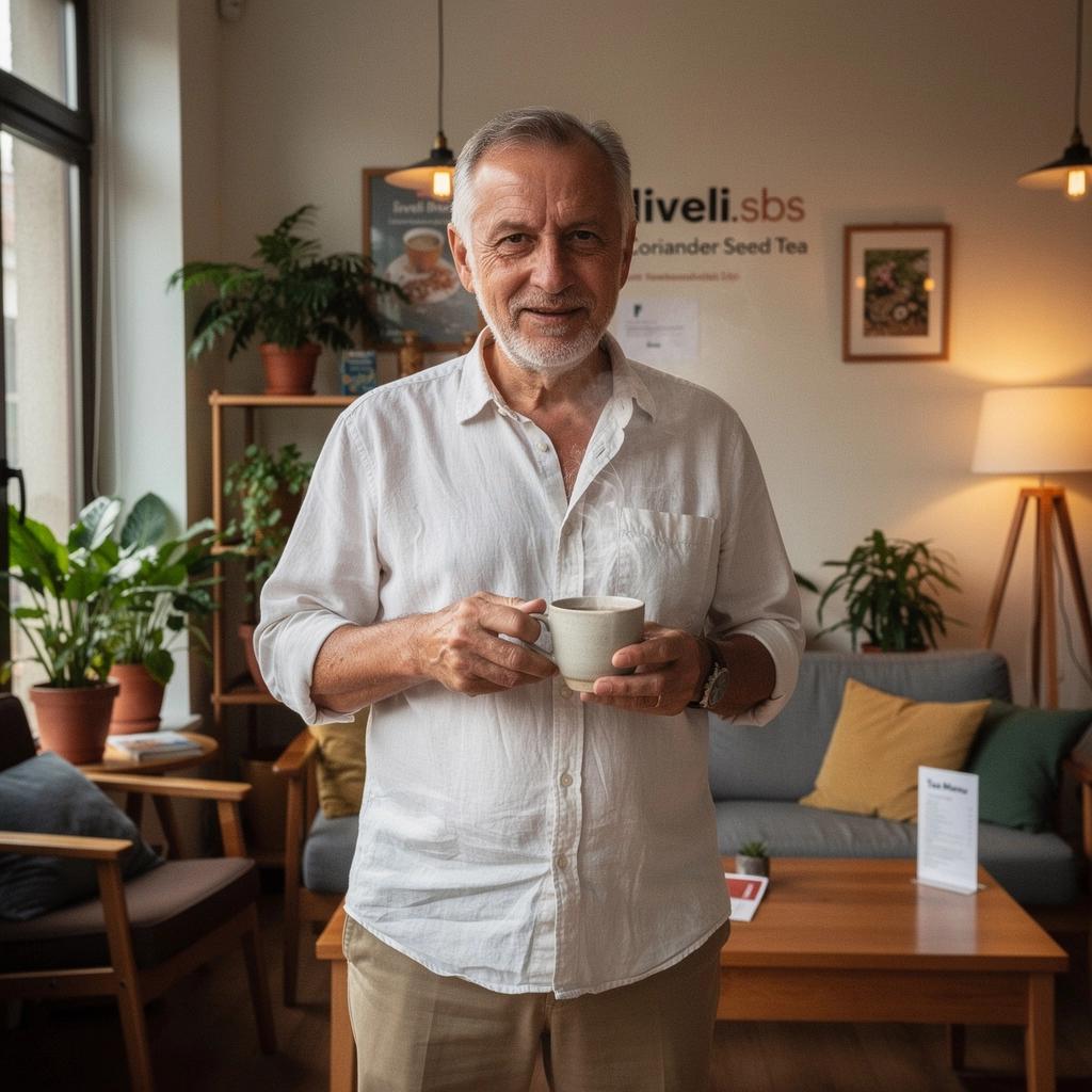 Koriander mag teája, gazdag színével és citrusos jegyekkel a tányéron.